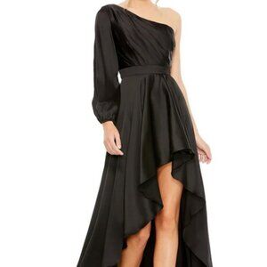Mac Duggal Black One-Shoulder Long Sleeve Satin High/Low Gown